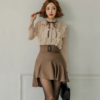 Sügis Fashion Jumalanna Komplekti Naiste Vaatenurgast Ruffles Sifonki Tops + Kõrge Vöökoht Mini Korea Tiivad Seelik Sobib Naiselik