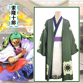 Anime Roronoa Zoro Cosplay Kostüüm Kimono Hommikumantel Täielik Ülikond Slicked tagasi roheline parukas Halloween Lühike Kiht Roronoa Zoro Koomiline Parukas