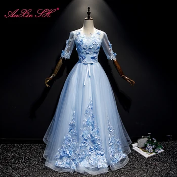 AnXin SH lill printsess sinine pits luksus vintage profileerimine pärlid vibu etapi o kaela poole varruka illusioon pruut õhtu kleit