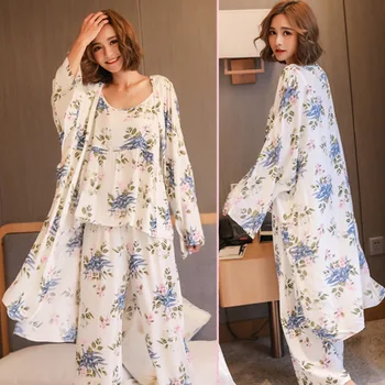 3 Tükki Naiste Jaapani Kimono Pidžaama Puuvill Sleepwear Pijama Pehme Kodu Riided Õie Trükkimine Magada Lounge Pyjama Pidžaamad Komplekt