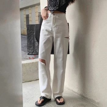 Naiste Vabaaja Lahtised Valged Pikad Püksid 2021 High Street Fashion Kõrge Vöökoht Ripitud Auk Teksad Korea Streetwear Denim Püksid