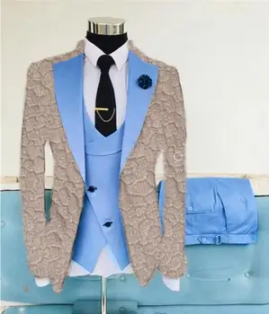 Luksus on sisse pressitud jacquard sobib meeste sinine ametliku pulm 3 töö slim fit bleiser komplekti mees pool trajes de hombre kostüüm homme