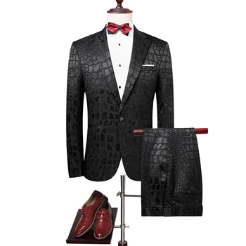 Qriginal 2020. aasta parima Kvaliteediga Brändi Meeste Ülikonnad, 2 tk Prindi Jacquard Meeste Pintsak Slim Fit must Mees Peigmees Tuxedos Pulma-ülikond Kõnniteed