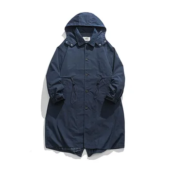 Meeste Trenchcoat-Jaapan-Korea Fashion Streetwear Lahti Põhjuslik Vintage Kapuutsiga Trentš Mees Windbreaker Jope Overcoat