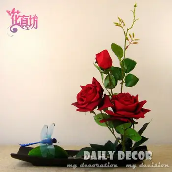 Uus ! käsitöö punane roos bonsai kunstlik roos lilleseade set flores artificiais arranjos ikebana aastal keraamilised potid sobivad
