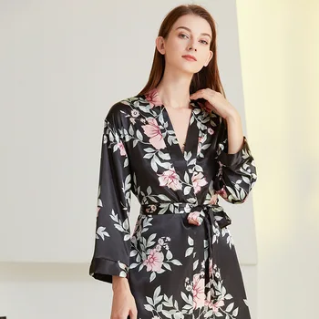 Kimono Hommikumantel Kleit Pikk Varrukas Naiste Prindi Lille Kodu Riided Intiimne Pesu 2022 Vabaaja Satiin Nightgowns Sleepwear