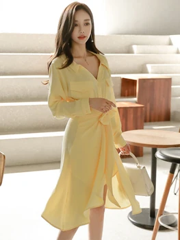 Korea 2 Töö Varustus Elegantne Naiste Temperament Casual Särk Wrap Pilu, Mini Dress Street Beach Midi Seelik Mujer Femme Slim Komplekti