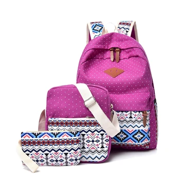 etnilise lõuend Seljakott geomeetriline muster Schoolbags poistele tüdrukute 3tk kott Komplekt õlakott Sidur Kott sinine, hall, lilla