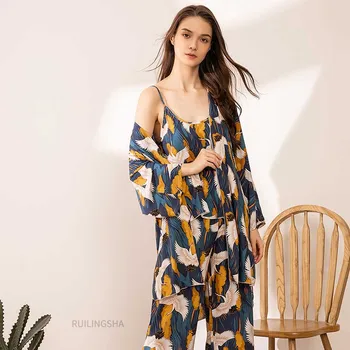 Suvel Naiste Õhuke Pajama Komplekti Õie Ülikond 3 Tükki Paari Pidžaamasid Pluss Suurus Seksikas Kimono Pidžaama Naiste Elegantne Nightgowns