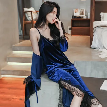 Naiste Sleepwear Seksikas Velvet 2TK Rüü Set Kimono Hommikumantel Kleit Pehme Veluur Nightgowns Pits Segast Intiimne Pesu Homewear
