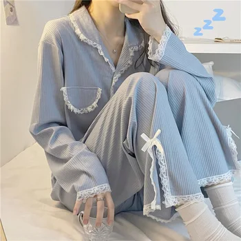 Naiste Pidžaama Kevadel ja Sügisel Jaapani Pitsääris Sleepwear Set Revääri ja Krae Kampsun, Püksid Split Sinine Emane Homewear