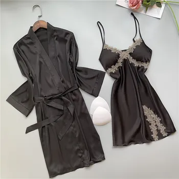 2TK Naiste Faux Siidist RÜÜ SET Pits Hommikumantel Sleepwear Kimono Kleit primavera Uus Nightwear SEKSIKAS Intiimne Pesu Koos Pad
