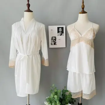 Primavera Silk Satin Rüü Cami lühikesed Püksid kolmeosaline Ülikond Naiste 3TK Pidžaama Komplekt Seksikas Segast Pits Intiimne Pesu Homewear