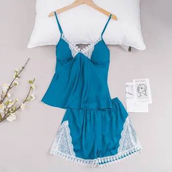 Suvel Seksikas Sleepwear Suspender Pidžaama Komplekt Naistele Silk Satin Nightwear Pyjama Pour Femme Segast Pits Sisekujundus Kodus Kandma
