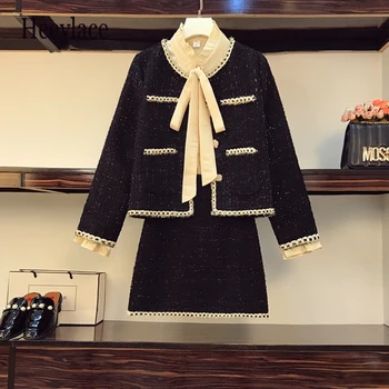 pluss suurus office daamid vintage talvel 3 tükki set naiste vibu krae pluus+lõhnav tweed mantel+mini seelik komplekti korea riie
