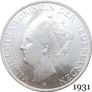 Holland 1931 2 ½ Guldeni Wilhelmina ma WILHELMINA KONINGIN NEDERLANDEN Cupronickel hõbetatud Koopia Mündi Serva Kiri