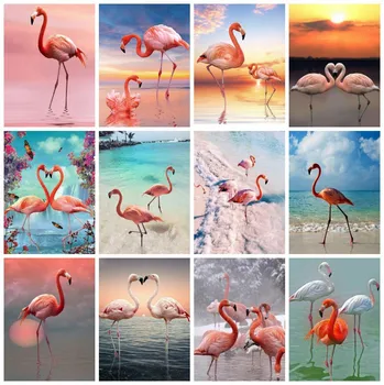 5D Diy Tikandid Diamond Maali Flamingolased Loomade Mosaiik Rhinestone Mereäärne Päikeseloojang Maastiku Käsitsi ristpistes Kodu