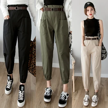 Naiste püksid 2019 kevad suvine mood naiste tahke kõrge vöökoht lahti haaremi pükste pliiats püksid vabaaja cargo püksid streetwear