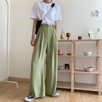 2021 Retro Tahked Värvi Naiste Püksid Looduses Sirge Lai Jalg Püksid Naiste Kevad Uus Korea Fashion Kõrge Vöökoht Vabaaja Pikad Püksid