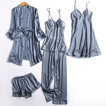 Uus 5 Tükki Naiste Pidžaama Komplekti Faux Siidist Pidžaama Sleepwear Komplekti Elegantne Seksikas Mood Kevad-Sügis Homewear Rüü Tops