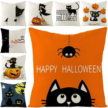 Happy Halloween Padi Kõrvits Lossi Must Kass Seeria Õudus Prindi padjapüür Halloween Kaunistamiseks Pool Kodu 2021