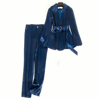Elegantne Professionaalne Naiste Püksid Sobivad kaheosalised Kombinesoonid Kõrge Kvaliteedi Sügisel Pikkade varrukatega Daamid Läikiv Jope Slim Püksid