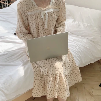 Korea Lilled Prindi Sügisel Nightgowns Naiste Square Krael Pits Vibu Pikk Sleepwear Lahti Vabaaja Puuvillane Homewear Kawaii Kodu Riie