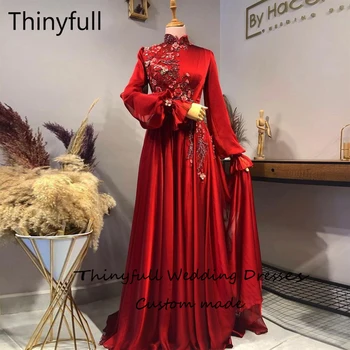 Thinyfull Abendkleider Punane Pikk Varrukas Moslemi Õhtukleit Jaoks Naised 2022 Sifonki Helmed Maroko Kauhtana Ametlik Prom Pool Kleit